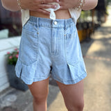 Light Denim Patch Pocket Pleated Denim Shorts