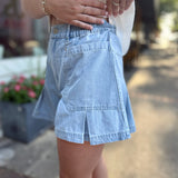 Light Denim Patch Pocket Pleated Denim Shorts