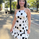 White/Black Brianna Halter Ruffle Linen Dot Mini Dress