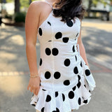White/Black Brianna Halter Ruffle Linen Dot Mini Dress