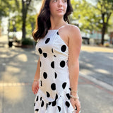 White/Black Brianna Halter Ruffle Linen Dot Mini Dress