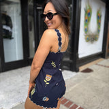 Navy Scallop Hem Button Down Romper