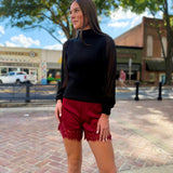 Lace Trim Satin Shorts - Burgundy