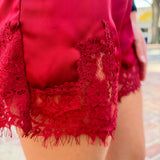 Lace Trim Satin Shorts - Burgundy