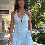 Light Denim Keyhole Bodice Pleated Denim Romper