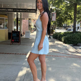 Light Denim Keyhole Bodice Pleated Denim Romper