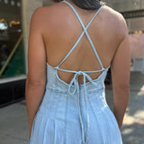 Light Denim Keyhole Bodice Pleated Denim Romper