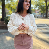 Cream Chunky Knit V Neck Wood Button Down Cardigan