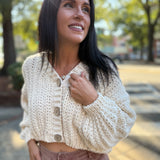 Cream Chunky Knit V Neck Wood Button Down Cardigan