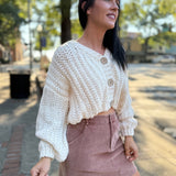 Cream Chunky Knit V Neck Wood Button Down Cardigan