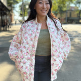 Off White Floral Print Quilted Oversized Bomber Jacket