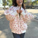 Off White Floral Print Quilted Oversized Bomber Jacket