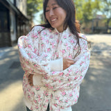 Off White Floral Print Quilted Oversized Bomber Jacket