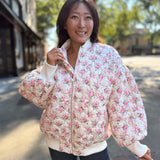 Off White Floral Print Quilted Oversized Bomber Jacket