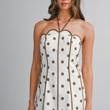 Daphne Ivory & Brown Polka Dot Scalloped Halter Mini Dress