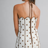 Daphne Ivory & Brown Polka Dot Scalloped Halter Mini Dress