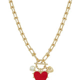 Water Resistant Gold Chain Necklace with Red Studded Heart Charm 16"-18" Necklace
