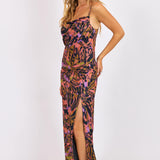 Multi Butterfly Kiss High Slit Bias Maxi Slip Dress