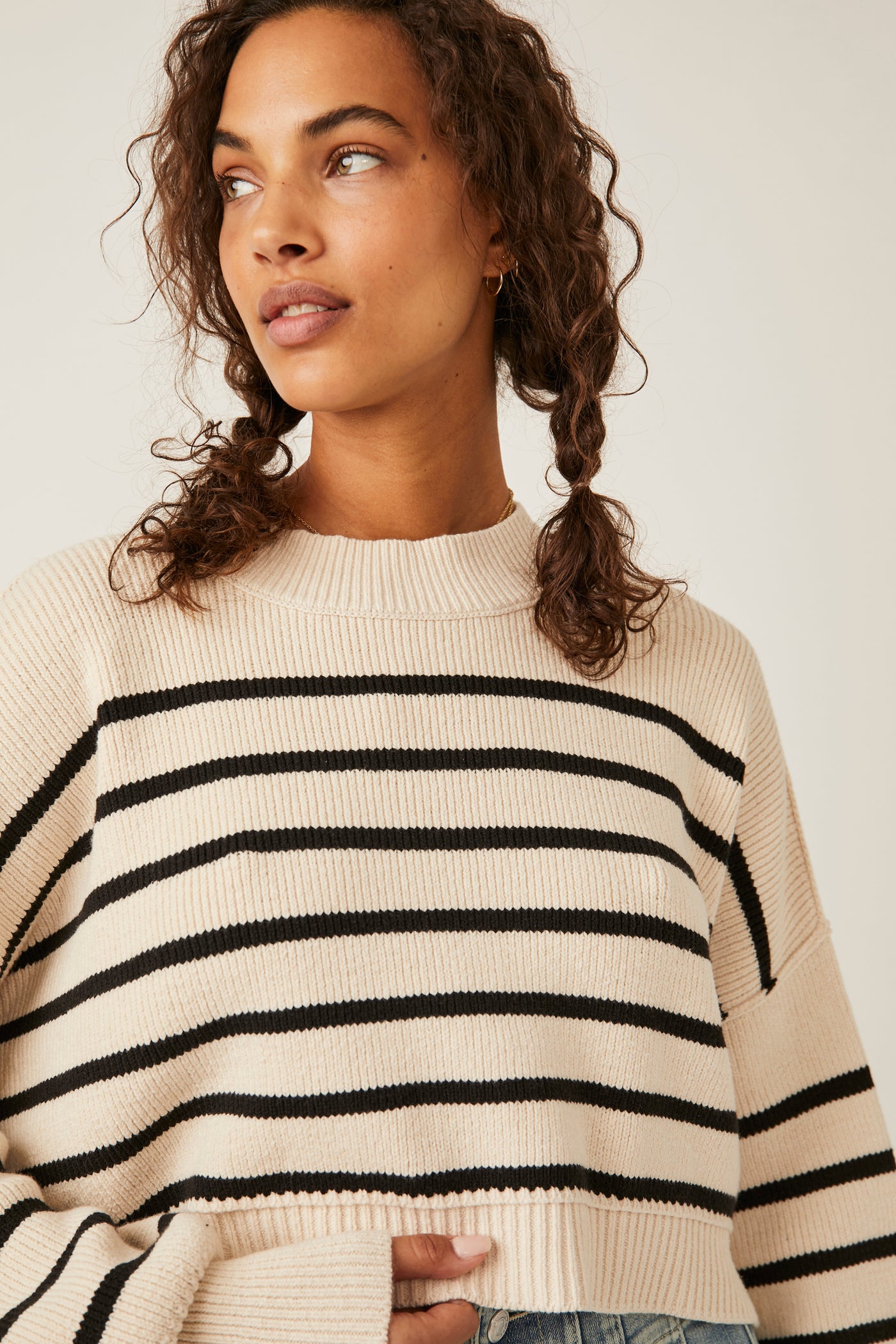 Easy Street Stripe Crop Pullover - Cream and Black