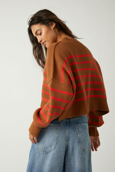 Easy Street Stripe Crop Pullover - Brown and Coral