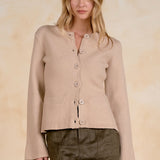 Oatmeal Flared Cuff Crewneck Cardigan Sweater