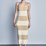 Beige/Tan Stripe Tube Midi Dress