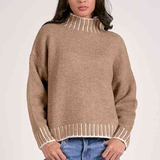 Camel Contrast Rib Mock Neck Sweater