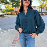 Olive Grace Puff Sleeve Button-Loop Blouse