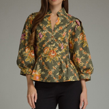 Sienna Olive Floral Puff Sleeve Peplum Blouse