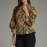 Sienna Olive Floral Puff Sleeve Peplum Blouse