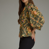 Sienna Olive Floral Puff Sleeve Peplum Blouse