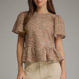 Mila Taupe Polka Dot Puff Sleeve Peplum Top