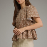 Mila Taupe Polka Dot Puff Sleeve Peplum Top