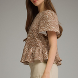 Mila Taupe Polka Dot Puff Sleeve Peplum Top
