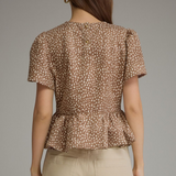 Mila Taupe Polka Dot Puff Sleeve Peplum Top