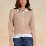 Tan & White Collared Knit Cardigan Sweater