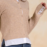 Tan & White Collared Knit Cardigan Sweater