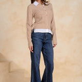 Tan & White Collared Knit Cardigan Sweater
