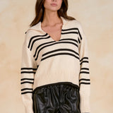 White Stripe Collared V-Neck Pullover Sweater
