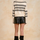 White Stripe Collared V-Neck Pullover Sweater