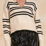 White Stripe Collared V-Neck Pullover Sweater