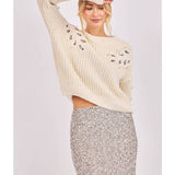 Ivory Silver Monroe Leaf Cutout Embellished Sweater