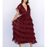 Burgundy Tiered Ruffle Midi Dress