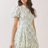 Floral Print Puff Sleeve Bubble Hem Mini Dress - Green