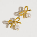 Gold Bow & Pearl Earrings