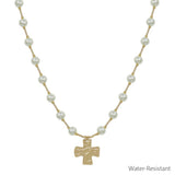 Water Resistant Pearl 6MM Beaded with Hammered Gold Cross Charm 16"-18" Necklace