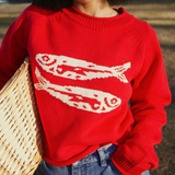 Fish Graphic Crew Neck Knit Sweater - Red