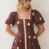 Clover Dot Piped Puff Sleeve Mini Dress