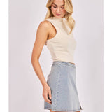 Cream Hustle High Neck Slv Less Crop Top