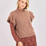Brown Willow Ruffle Shoulder Sweater